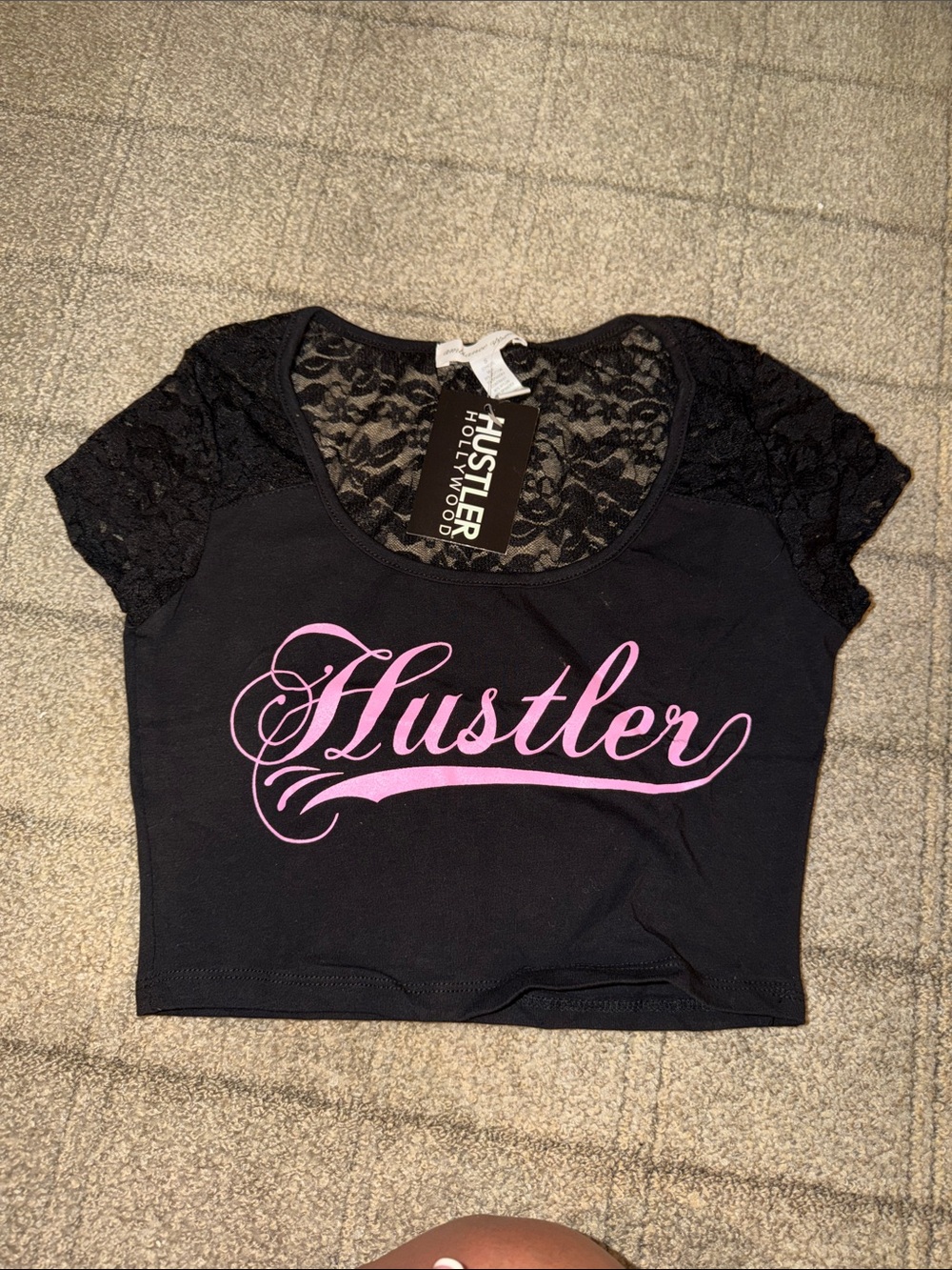 Hustler Hollywood Black Lace Sleeve Crop Top with Pink Script Logo